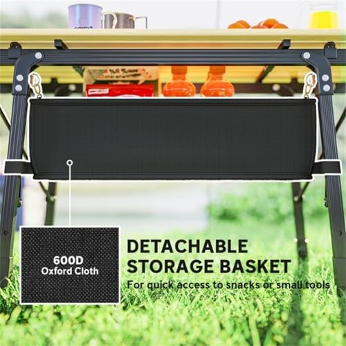 Adjustable Height Folding Camping Table, Aluminum Alloy Frame with Oxford Cloth Storage Basket, Portable Outdoor Dining Table for Picnic, Camping and Backyard BBQ - Image 5