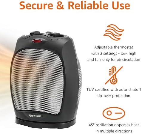 Amazon Basics Oscillating Ceramic Space Heater, Portable Fast Heating Indoor Solution, With Overheat and Tip-Over Protection, Thermostat, 1500W, 7.52"D x 6.34"W x 9.45"H, Black - Image 2