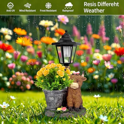 Solar Highland Cow Outdoor Garden Statues with Flowerpot & Lantern Decor - Image 6