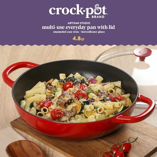 Crock Pot Artisan 5-Quart Enameled Cast Iron Braiser Pan With Oven Safe Borosilicate Glass Lid, Everyday Covered Skillet for Searing, Roasting, and Baking, Red - Image 2