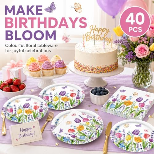 40Pcs Floral Plates and Napkins Party Supplies, Disposable Tulips Plates Napkins Tableware Set for Picnic Wedding Baby Shower Bridal Shower Birthday Tea Party Decorations (Tulip) - Image 4