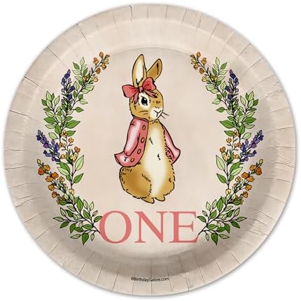 Peter Rabbit Girl's Pink First Birthday - 32 Piece Disposable Party Supplies - Decorations for Bunny 1st Birthday Round Party Plates - Large 9" Paper Plates In Bulk - Image 3
