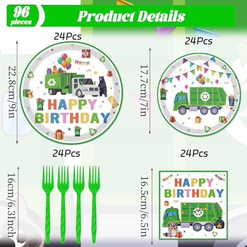 Trash Truck Birthday Party Decorations, 96PCS Garbage Truck Bday Disposable Paper Plates and Napkins Tableware Decoration, Cartoon Garbage Truck Forks Decor Supplies Serve 24 Guest - Image 2