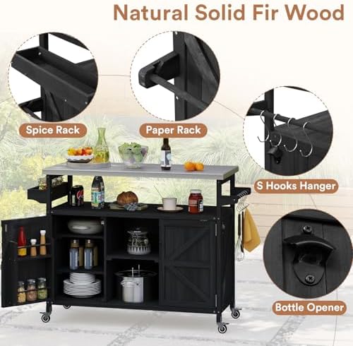 Zevemomo Outdoor Grill Cart with Storage, Lockable Casters, Black - Image 3
