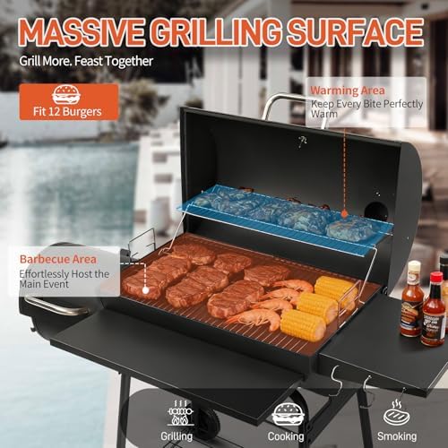 Outvita Charcoal Grill with Offset Smoker, Barrel Barbecue Smoker, Black - Image 4