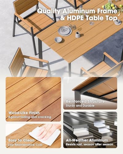 Outdoor Dining Table, Aluminum Patio HDPS Outdooor Table with Umbrella Hole, All Weather Patio Furniture Set, Patio Dining Table (Gray & Teak) - Image 3