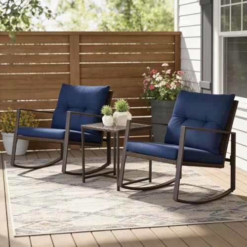 SUNCROWN 3 Piece Outdoor Rocking Bistro Set Brown Wicker Furniture Porch Chairs Conversation Sets with Glass Coffee Table, Dark Blue - Image 3