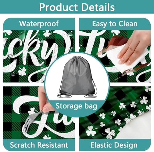 St. Patrick's Day Picnic Table Cover with Bench Covers, Camping Essentials, Buffalo Plaid Shamrock Lucky Outdoor Table Covers, Waterproof, Fitted Tablecloth Cover with Elastic Edge, 3 PCS, 30x60 Inch - Image 5