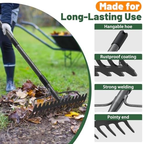 Rake, 17 Tines with 49 Inch Handle, 17 Inch Wide Heavy Duty Garden Thatch Leaf Rake for Raking Leaf Loosening Soil Gathering Mulch Leveling Rocks, Rustproof Metal Bow Rakes for Leaves Grass - Image 5