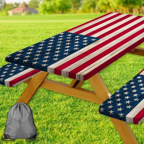 American Flag Picnic Table Cover with Bench Covers, Waterproof Windproof Oilproof, Camping Essentials, Fitted Tablecloth Cover with Elastic Edge, for Indoor & Outdoor, Garden, 3 Pieces Set, 30x96 Inch by Xguatan
