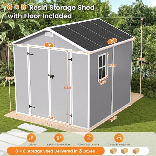 UDPATIO Storage Shed 8x8 FT, Resin Outdoor Plastic Sheds with Floor, Gray - Image 2