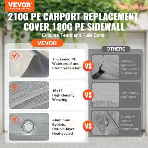 VEVOR Carport Replacement Canopy Cover Top + Side Wall 12 x 20 ft, Garage Tent Shelter Tarp Heavy-Duty Waterproof & UV Protected, Easy Installation with Ball Bungees,Grey (Frame Not Included) - Image 2