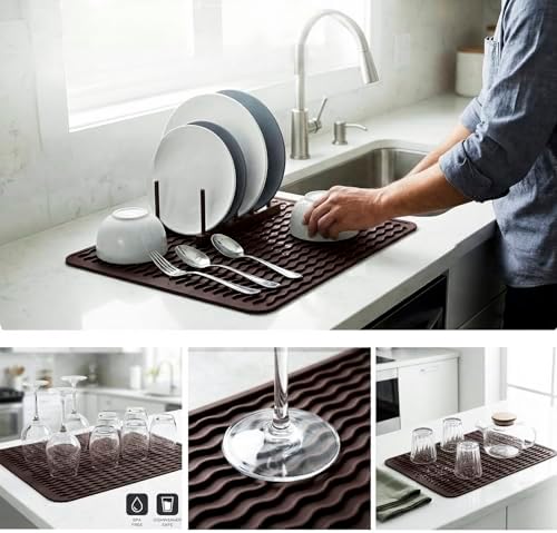 MicoYang Silicone Dish Drying Mat — Quick-Dry Ridges Counter & Sink Pad, Heat-Resistant Trivet to 450°F, Non-Slip & Dishwasher Safe, Roll-Up Storage, 18 Colors & 9 Sizes (Coffee, 16"×12") - Image 4