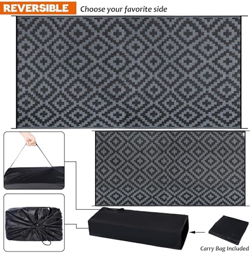 SAND MINE Waterproof Outdoor Rug 9x18 ft, Plastic Reversible Rug, Modern Area Rug, Large Floor Mat for Outdoors, RV, Patio, Backyard, Deck, Picnic, Beach, Camping, Black Grey Lattice - Image 3