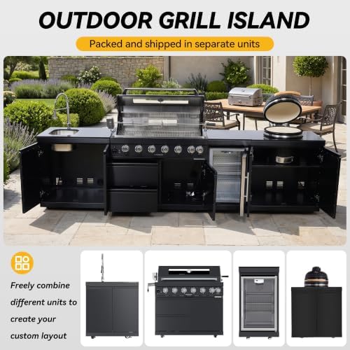 128'' LPG Outdoor Kitchen Island with Grill, 85000 BTU, 6-Burner, Black - Image 4
