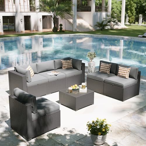Aoxun Patio Furniture Set, 7 Piece Outdoor Sectional Sofas with Waterproof Cover, Wicker Rattan Outdoor Furniture Patio Conversation Set for Backyard, Garden Light Grey - Image 5