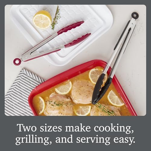 Tovolo Stainless Steel Tongs with Silicone Tip Set 9" 12" with Easy Lock Mechanism for Grilling Air Fryer Cooking Serving Salad, Heat Resistant Silicone Tipped Kitchen Tongs Sangria Red Black - Image 3