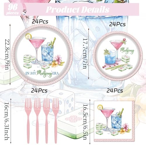 Mahjong Party Tableware Decorations, 96PCS Mahjong Disposable Paper Plates and Napkins Birthday Decoration, In My Mah jong Era Forks Decor Supplies, Serve 24 - Image 2
