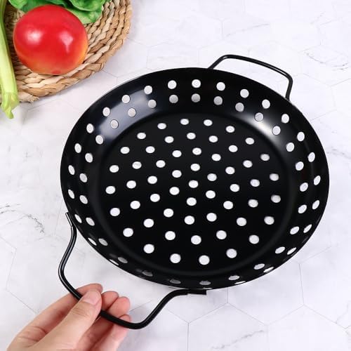 Round Grill Wok with Handle,Carbon Steel Grill Pan With Holes,Non-Stick Grilling Skillet,Round Grill Pan,Grill Basket For Seafood,Vegetable,Meat - Image 6