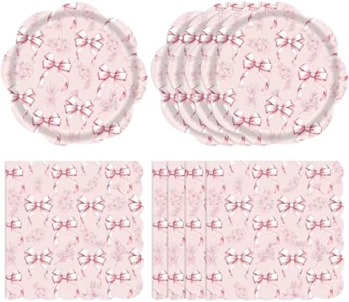 40Pcs Pink Bow Floral Paper Dessert Plates and Napkins Bow Coquette Disposable Tableware Set for Tea Party Galentine's Day Bridal Shower & Wedding Party Decorations, 20 Guests by Actoridae