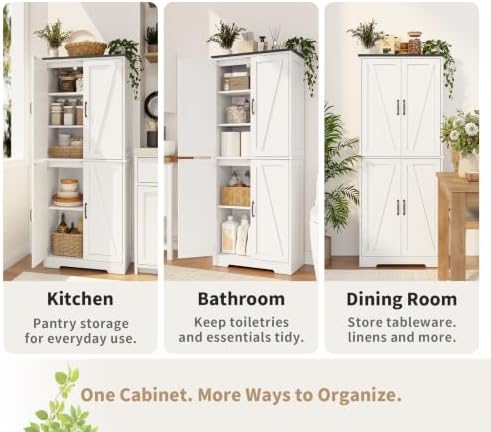 59" H Storage Cabinet, Kitchen Farmhouse Pantry Cabinet with 4 Doors, White - Image 7