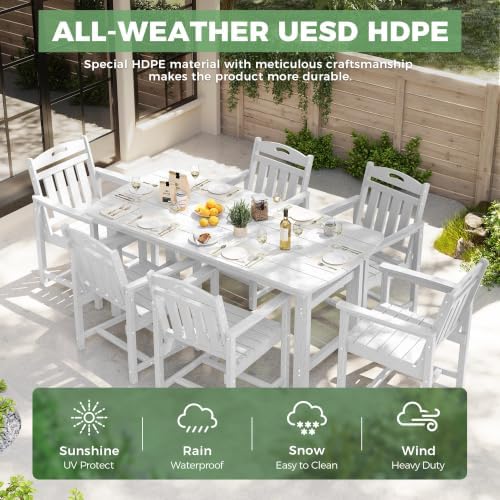 HDPE Outdoor Dining Set, Patio Table and 6 Chairs, 2" Umbrella Hole, White - Image 3