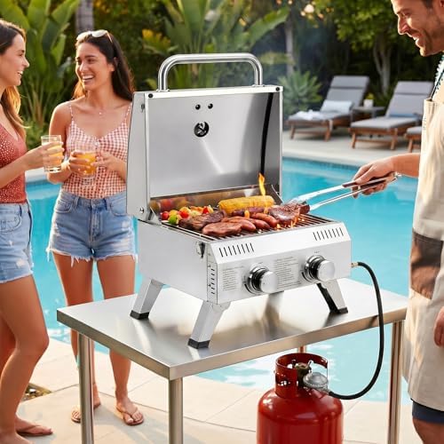 Bonnlo 2 Burner Portable Gas Grill, 20,000 BTU Tabletop Camping Grill with Ignition & Lockable Lid, Stainless Steel Propane Grill with Foldable Legs & Thermometer for Outdoor Patio BBQ RV Use - Image 7