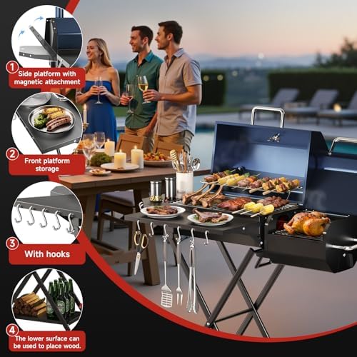 Portable Charcoal Grill with Smoking Function, Foldable Suitcase Design with Wheels, Multi-Tier Storage Rack & Waterproof Cover for Outdoor BBQ Parties (Blue) - Image 6