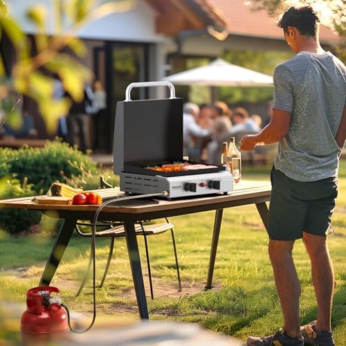 ROVSUN 2 Burner Portable Propane Griddle with Enameled Tray & Lid, 20,000 BTU Tabletop Flat Top Gas Grill with Electronic Ignition & Regulator for Outdoor Cooking Camping BBQ Tailgating Picnicking - Image 7