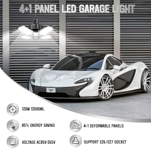 Garage Lights 8 Pack 120W, 12000LM LED Garage Lights with 4+1 Deformable Panels 6500K Screw in LED Shop Lighting for Workshop, Basement Support E26/E27 - Image 4