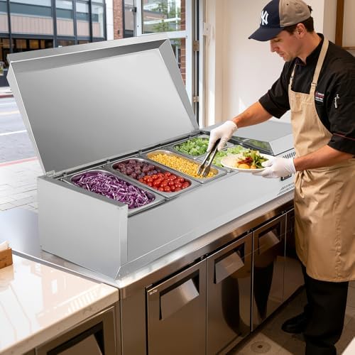 ROVSUN 48" Refrigerated Condiment Prep Station Sandwich Prep Table ETL NSF, 25.1QT Salad Bar Prep Rail w/Auto Defrost Temp Control Stainless Steel Cover 3 1/3 Pan & 2 1/4 Pan for Restaurant Food Truck - Image 7