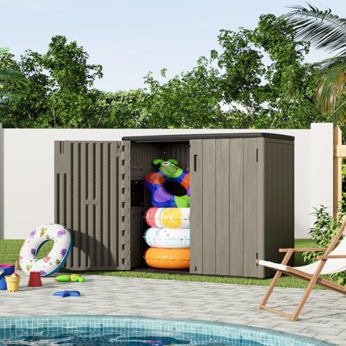 KINYING Outdoor Horizontal Storage Sheds,Outdoor Storage Cabinet Waterproof Resin Tool Storage Box for Lawn Mower,Garden Tools and Patio Furniture, Lockable (Brown) - Image 7
