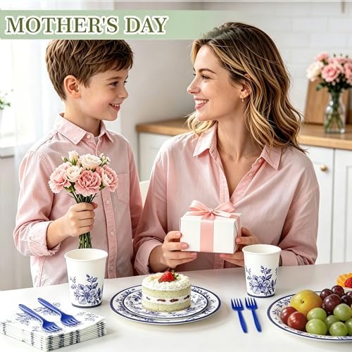 144 Pcs Blue and White Floral Tableware Set for 24 Guests, Heavy-Duty 7" & 9" Paper Plates, Cups, 2-Ply 13" Napkins & Plastic Forks, Disposable Party Supplies for Bridal Baby Shower Tea Party - Image 4