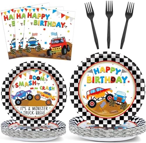 Monster Truck Party Tableware Set Monster Truck Plates and Napkins Car Birthday Party Supplies Decorations for Kids Boys Black and White Checked Theme Birthday Supplies Serves 24 by Naozinebi