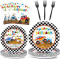 Monster Truck Party Tableware Set Monster Truck Plates and Napkins Car Birthday Party Supplies Decorations for Kids Boys Black and White Checked Theme Birthday Supplies Serves 24 by Naozinebi