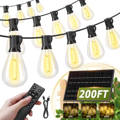 200FT Solar String Lights Outdoor Waterproof 72+2 LED Bulbs, Solar Powered with Remote & USB Port, 3 Light Modes Dimmable Patio Lights for Large Backyard, Garden, Party by AMZRAP
