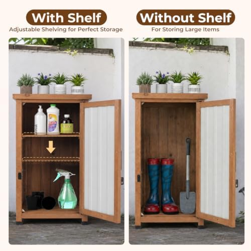 Outdoor Storage Cabinet Waterproof with Metal Top, Wooden Potting Bench Table Tool Organizer with Adjustable Shelf for Patio Backyard Garden - Image 2