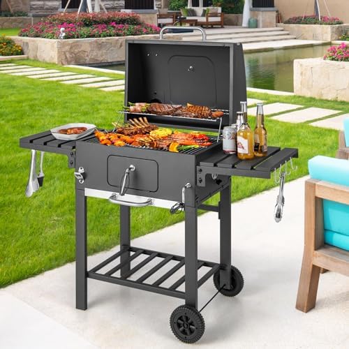 Giantex Charcoal Grill 24 inch, BBQ Grill with 2 Foldable Side Table, Adjustable Charcoal Tray, Pull-out Ash Tray, Heavy Duty Barbecue Grill with Wheels for Outdoor Cooking Camping Backyard Party - Image 2