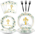 God Bless Plates and Napkins Baptism Tableware Set First Communion Party Paper Plates for Christening Newborn Dinnerware Cross White Floral Plate Mi Bautizo Baby Shower Decoration Supplies Serve 24 by Naozinebi
