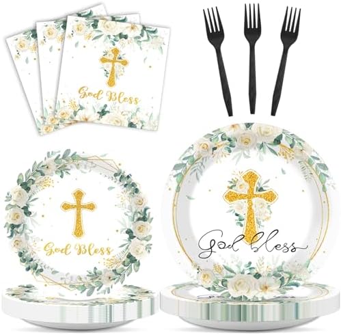 God Bless Plates and Napkins Baptism Tableware Set First Communion Party Paper Plates for Christening Newborn Dinnerware Cross White Floral Plate Mi Bautizo Baby Shower Decoration Supplies Serve 24 by Naozinebi