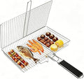 BBQ Grill Basket, 430 Food Grade Stainless Steel Lockable Fish Grill Basket with Removable Handle, Portable Grilling Rack for Whole Fish, Steak, Shrimp and Vegetables, Outdoor Camping Barbecue by Peziang