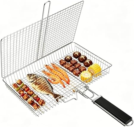 BBQ Grill Basket, 430 Food Grade Stainless Steel Lockable Fish Grill Basket with Removable Handle, Portable Grilling Rack for Whole Fish, Steak, Shrimp and Vegetables, Outdoor Camping Barbecue by Peziang