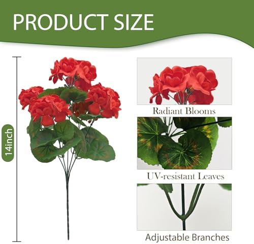 Fake Outdoor Flowers, 8 Pcs Artificial Flowers For Outdoors, Red Artificial Geraniums Plastic Flowers, Fake Plant For Outside, Silk Faux Flowers For Outdoor Planters UV Resistant For Front Porch - Image 3