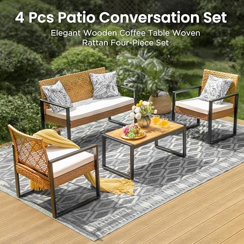 PHI VILLA 4 Piece Brown Wicker Patio Furniture Set with Beige Cushion - Image 2