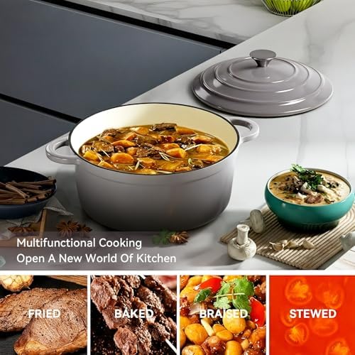 Miereirl 6 Quart Enameled Dutch Oven Pot with Lid, Cast Iron Dutch Oven with Dual Handles for Bread Baking, Cooking, Non-stick Enamel Coated Cookware, Grey - Image 5