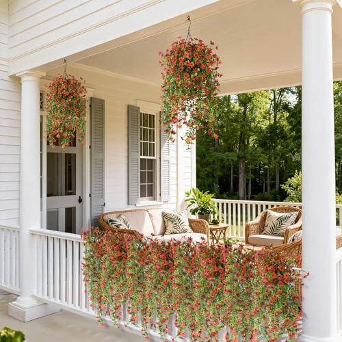 ZFProcess Artificial Hanging Flowers for Outdoors, 2 Pcs Fake Hanging Plant Spring Summer Decor, UV Resistant No Fade Realistic Faux Flower for Front Door Porch Planter Patio Garden Yard(Red Brown) - Image 3