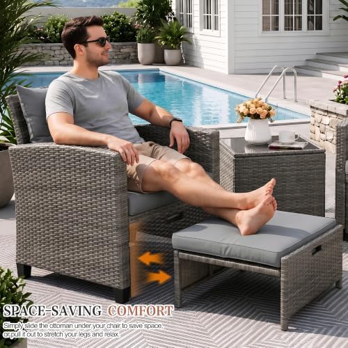 Vongrasig 5 Piece Patio Furniture Set, Small Balcony Furniture, PE Wicker Rattan Patio Chairs Set of 2, Outdoor Lounge Chairs with Cushions Ottomans &Glass Table for Porch Garden(Light Grey) - Image 4