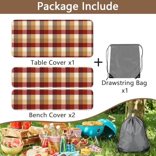 Checkered Style Picnic Table Cover with Bench Covers, Camping Essentials, Plaid Waterproof Windproof, Fitted Tablecloth Cover with Elastic Edge, for Indoor, Outdoor, 3 PCS, 30x96 Inch - Image 6