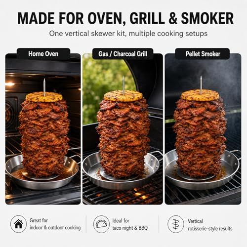 Al Pastor Skewer for Grill, 13 Inch Stainless Steel Vertical Skewer Pan with 5 Spikes, Grease Separator Tray, Tongs, Gloves & Basting Brushes, Shawarma Gyro Kebab Stand for Oven Smoker BBQ - Image 6