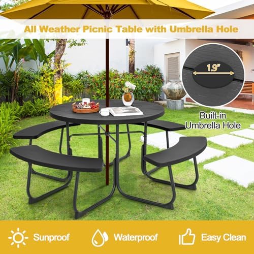 Tangkula 8 Person Round Picnic Table with 4 Built-in Benches, Black - Image 4